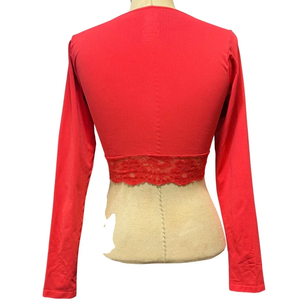 Anthropologie S/M Lace-Trim Cutout Long-Sleeve Crop Top Red Coquette Ballet Sexy